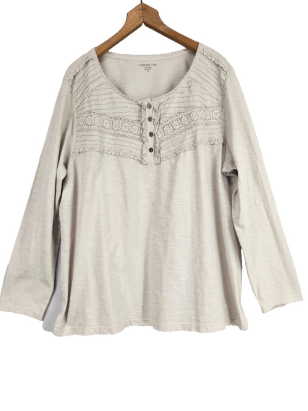 Coldwater Creek Womens Shirt 1X Neutral Cottage Long Sleeve Boho Feminine Cotton